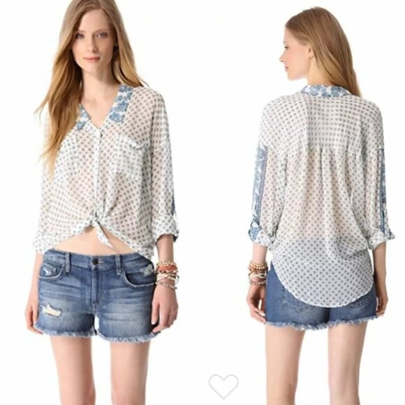 Free People Blue & White Easy Rider Button Down Roll Tab Sleeve Blouse Top Small - Picture 1 of 10